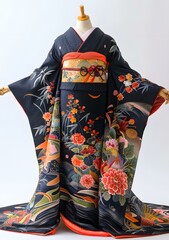 Naklejka premium A woman wearing a kimono with a floral pattern