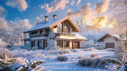 3d rendering of modern cozy house in chalet style with garage. The first warm spring rays of the sun melt the snow and icicles. Flowers and grass make their way through the snow.