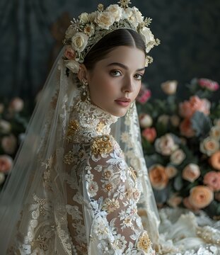 European bride wearing a lace wedding dress and a headpiece