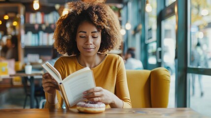 Young biracial woman enjoys a book at a cozy cafe, with copy space. a cup of coffee and a delicious donut complete her relaxing break. 