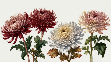 Dark burgundy chrysanthemum flowers watercolor set