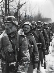 A group of soldiers in winter gear march along a snowy road during World War I.