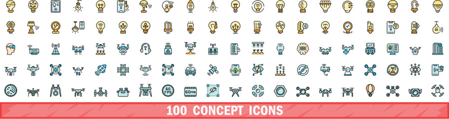 100 concept icons set. Color line set of concept vector icons thin line color flat on white