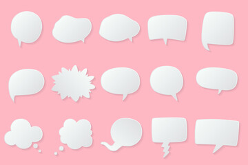 White paper cut speech bubbles, Abstract icon different shapes blank doodle bubbles, banners Template ready for use in web or print design isolated, 3D effect comics message balloon template.