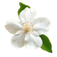Fototapeta premium Close-up of a beautiful white flower with green leaves, isolated on a white background, perfect for nature and floral themes, isolated on a transparent background.