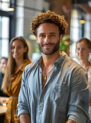 Fototapeta premium Smiling Man With Curly Hair Looking At Camera