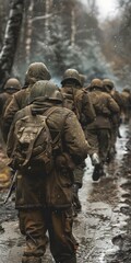 Obraz premium A group of soldiers walking through a snowy forest