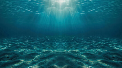 Fototapeta premium Underwater view of the ocean floor, light rays shining through water surface, creating an ethereal and tranquil atmosphere.