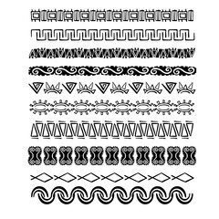 Set aztec tribal motive border in doodle hand drawn style from geometrical shapes isolated on white background. boho scandinavian srtoke, traditional native decor.