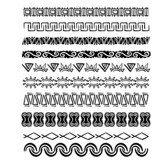 Obraz premium Set aztec tribal motive border in doodle hand drawn style from geometrical shapes isolated on white background. boho scandinavian srtoke, traditional native decor.