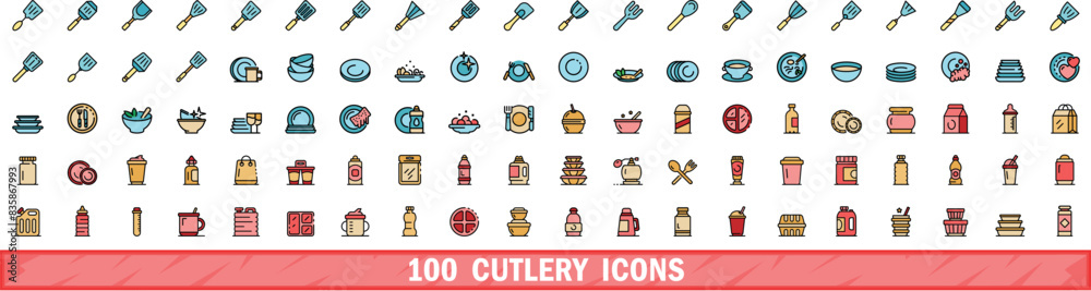 Canvas Prints 100 cutlery icons set. color line set of cutlery vector icons thin line color flat on white - Canvas Prints