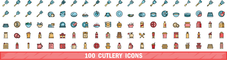 100 cutlery icons set. Color line set of cutlery vector icons thin line color flat on white