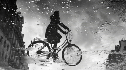 Obraz premium Blurred silhouettes of the girl on the bike down the street in the rain, Black and white vintage image