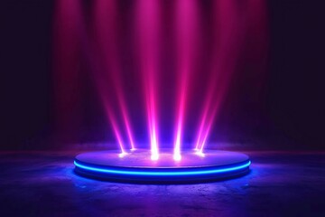 Empty blue and pink podium for product presentation, 3d realistic vector neon illustration. Digital podium with lighting of spotlights. generative ai.