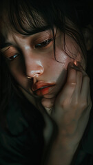 Innocent girl wincing in pain as she cuts her wrist, showing conflicted emotions.generative ai