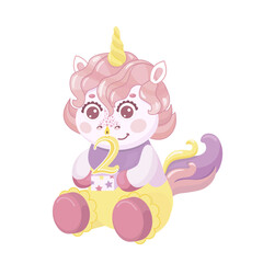 A cute unicorn is sitting and holding candle  the number two