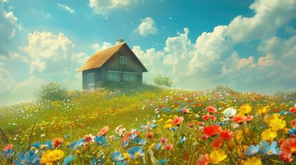 A wooden house in a clearing among daisies ,forest lodge with wildflowers in the foreground, Breathtaking alpine landscape with vibrant wildflowers in the foreground and majestic mountains behin