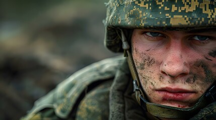 Fototapeta premium Portrait of a soldier with a serious look on his face