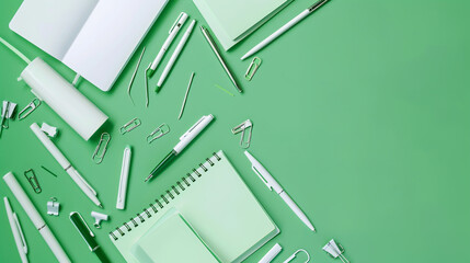 A collection of sleek, modern blanc stationery including notebooks, pens, and paper clips, scattered randomly on a solid green backdrop