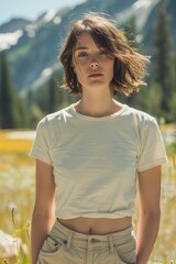 Fototapeta premium image of a white woman standing up straight with semi short hear wearing an oversized ivory colored bella+canvas 3001 t-shirt untucked in yosemite national park