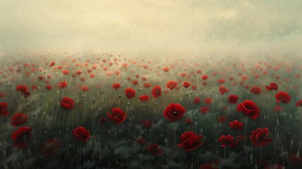Obraz premium Vibrant red poppy field covered in morning mist under soft sunrise light, creating a serene and dreamy landscape scene