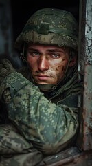 Portrait of a young soldier in a military uniform and helmet