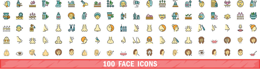 100 face icons set. Color line set of face vector icons thin line color flat on white