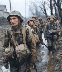 Fototapeta premium American soldiers march through the rain during World War II