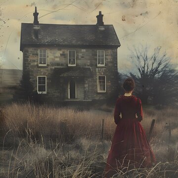 Lady in red dress standing in front of haunted house