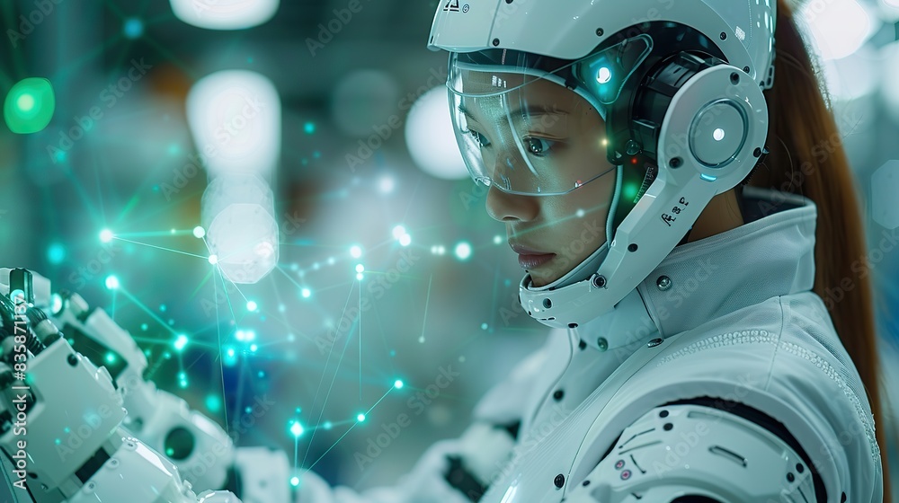 Poster technical industrial engineer working and control robotics with monitoring system software and icon 