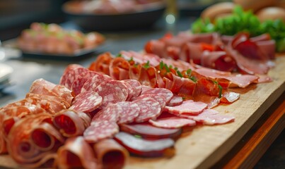Obraz premium Arranged Sliced Meat, Generative AI 
