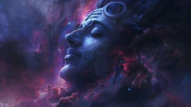 Digital art of Lord Shiva's face against a stunning nebula background, representing cosmic energy and spiritual awakening. Suitable for religious or spiritual themes.