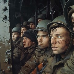 Fototapeta premium A group of soldiers in a foxhole during World War II