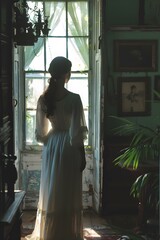 Lady in white dress standing by the window