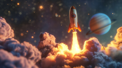 Naklejka premium 3D Realistic Cartoon Style Space Rocket with Smoke