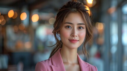 Obraz premium portrait smile confident asian business designer woman pink suit office asian business girl startup successful power business leader women executive people looking camera .stock photo