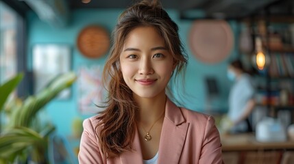 Obraz premium portrait smile confident asian business designer woman pink suit office asian business girl startup successful power business leader women executive people looking camera .hight relustion