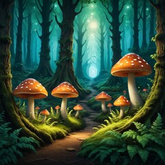 Mystical forest scene featuring a winding path lined with glowing mushrooms. Captures a magical atmosphere, perfect for fantasy-themed designs and storytelling.