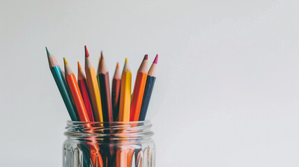 Obraz premium A colorful minimalist jar filled with colored pencils, placed in the bottom left corner of a white background, leaving space for text on the top right.