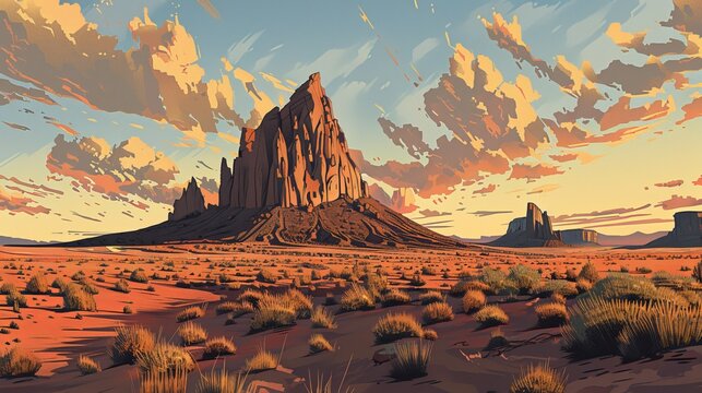 Vast southwestern desert landscape featuring shiprock, new mexico - majestic geological formation against the vibrant desert sky, iconic scenery in the american southwest