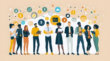 A diverse group of entrepreneurs exploring various funding options, from pitching to angel investors to crowdfunding campaigns, represented through digital finance icons 