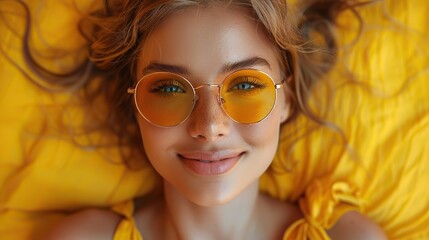 Fototapeta premium selfie fashion and woman with sunglasses on yellow background color wall and gen z backdrop happy young female. stock image