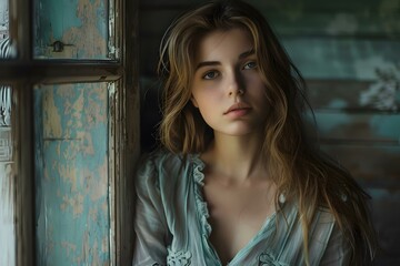 Obraz premium Portrait of a Young Woman with Freckles Looking Out a Window