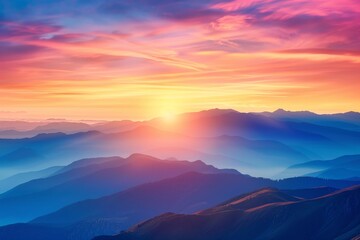 Fototapeta premium A breathtaking view of a mountain range at sunrise, with vibrant colors and mist in the valleys. The composition includes space for inspirational text.