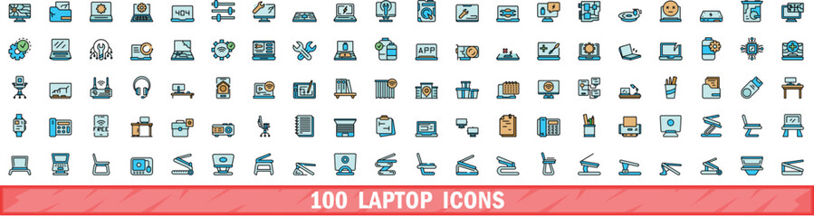 100 laptop icons set. Color line set of laptop vector icons thin line color flat on white
