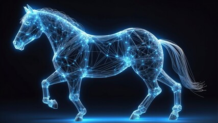 Polygonal wireframe style horse, created with blue glowing lines and dots for a high-tech digital look