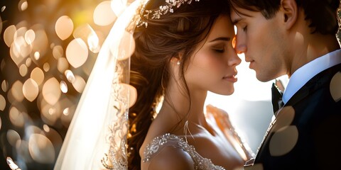 A beautiful bride and groom share a tender moment on their wedding day. - Powered by Adobe
