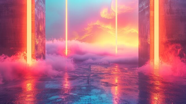 Design a digital artwork featuring pastel backgrounds with neon accents. The composition should showcase the contrast between the gentle, soothing pastel tones and the bold, striking neon elements.