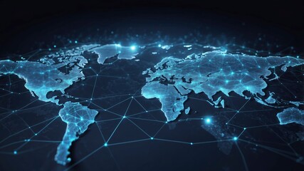 Fototapeta premium World map point and line composition depicting global network connections for business. Vector illustration with blue glow dots