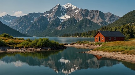 Fototapeta premium view of a house by a lake with a mountain with ice peaks in the background